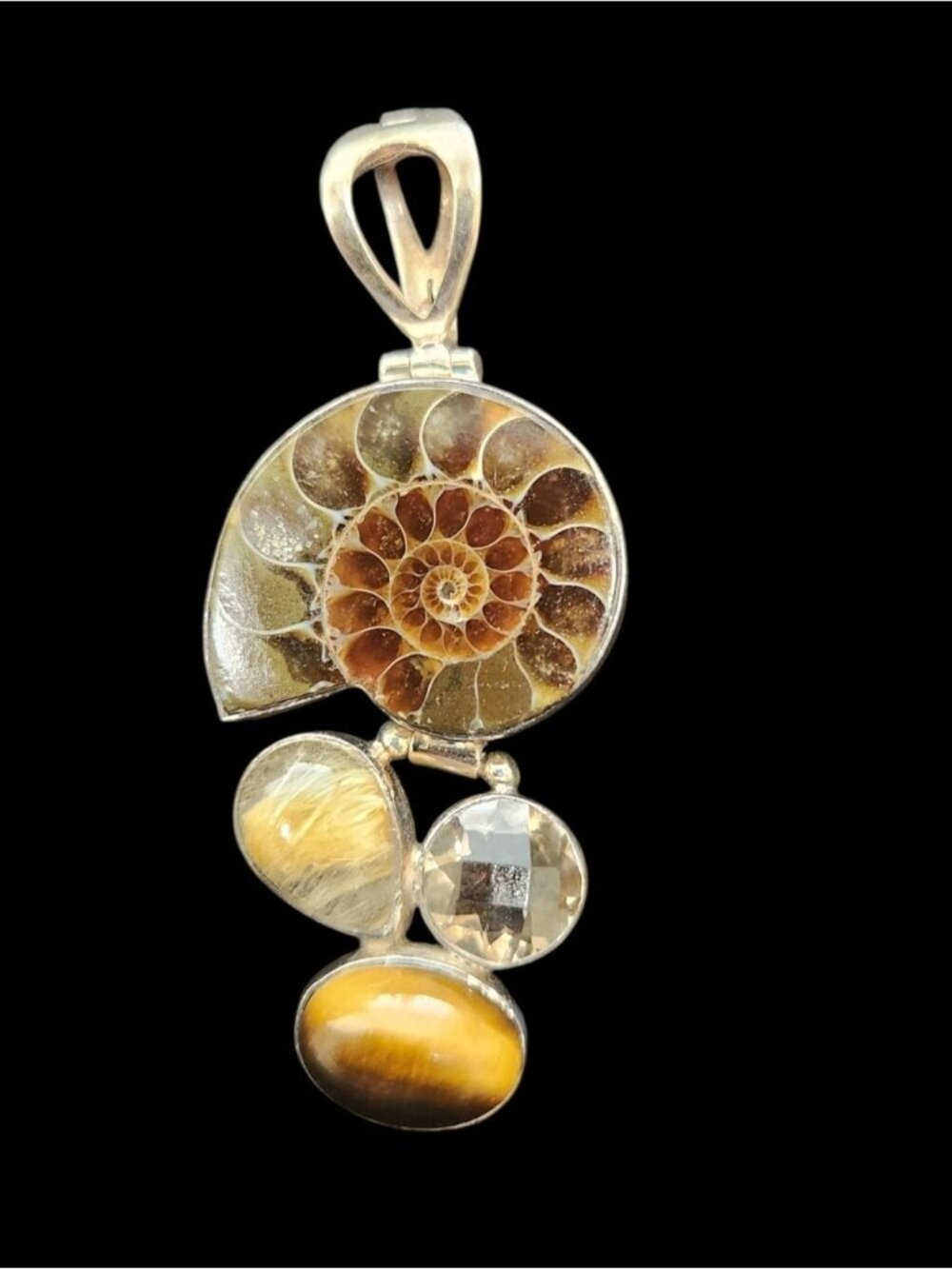 SJ 925 Silver Fossil Ammonite Pendant With Rutilated Quartz, Smokey or lemon Qu